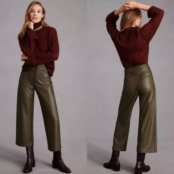 Anthropologie Pants - Maeve Anthropologie olive army dark green faux leather Colette wide leg pants
